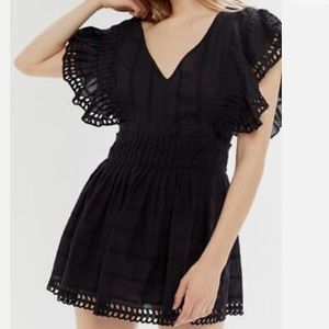Urban Outfitters UO Cassie Embroidered Eyelet Tie-Back Romper Pleated Black